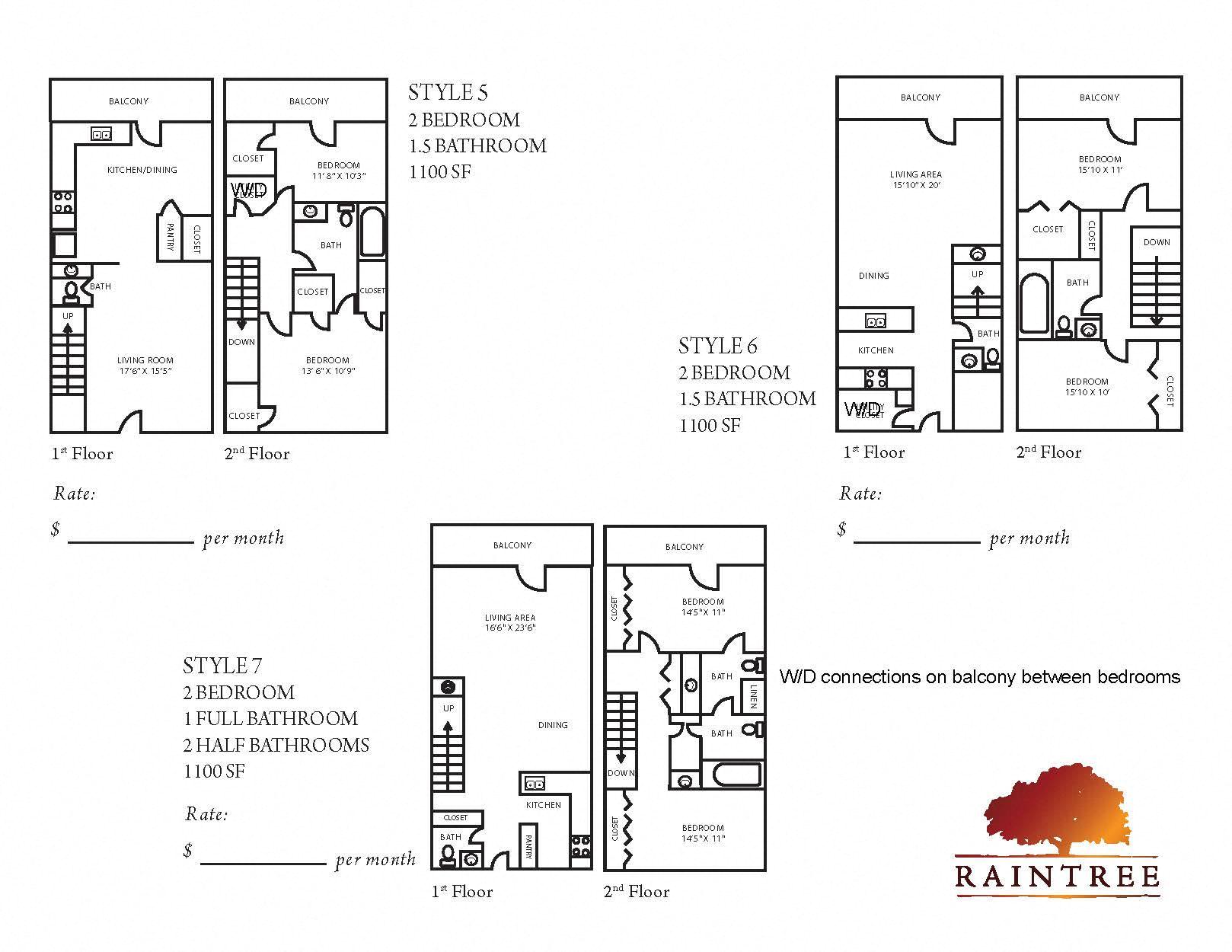 Floor plan for 2 beds, 2.5 baths, 1000 sqft